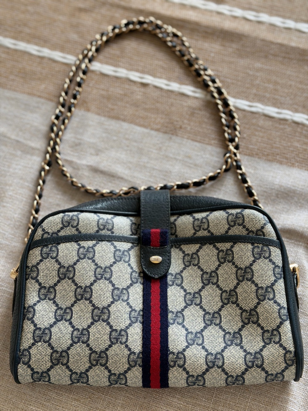 Vintage 80’s Gucci GG Gray & Black Coated Canvas Shoulder Bag w/ Navy/Red Stripe